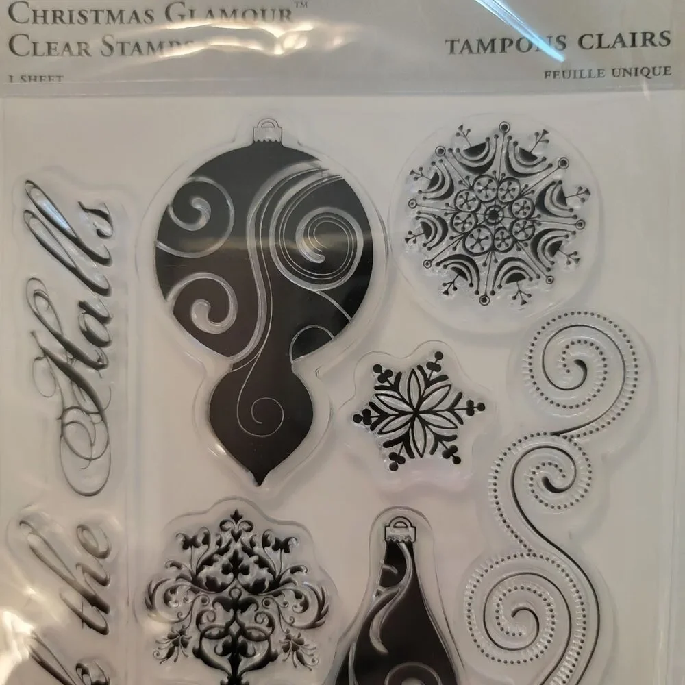 TPC Studio CHRISTMAS GLAMOUR Clear Cling Stamp Set of 15 Swirls Ornaments Flakes